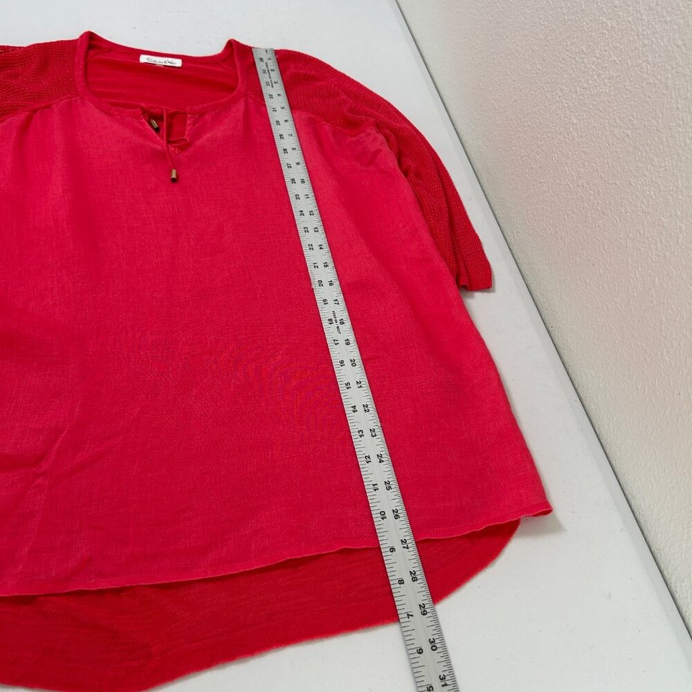 Calvin Klein Top Womens L Pink Linen Viscose 3/4 Sleeve Mixed Media Mesh Tassels - Picture 10 of 10